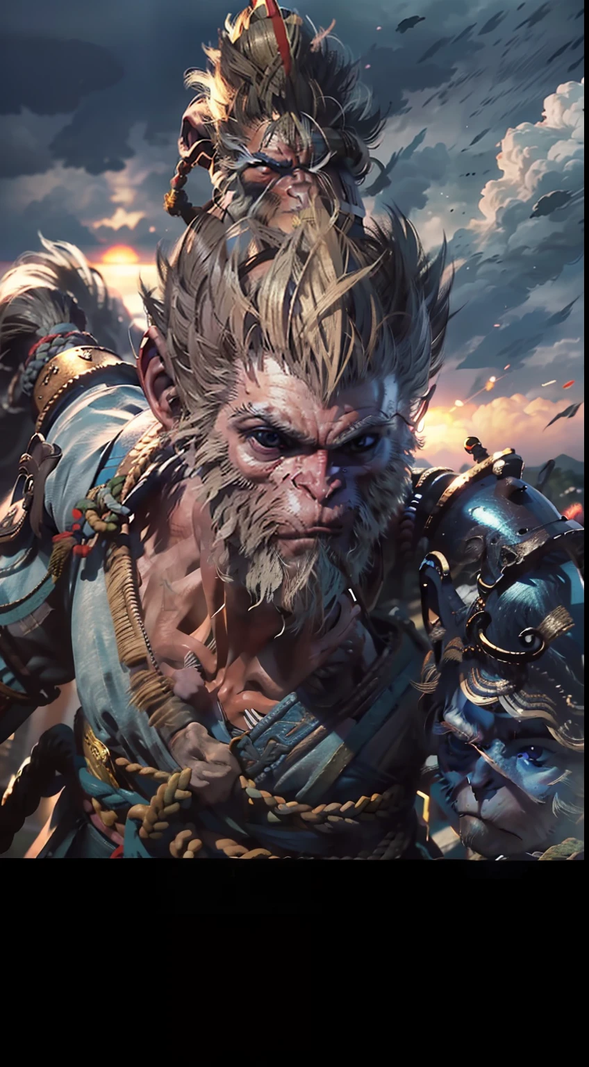 Anthropomorphic monkey warrior，He is the God of War，He is the Battle Saint Buddha Goku，Soar through the clouds，（The face looks like the Monkey King），（The face resembles a delicate monkey king），Fight youkai with a long and thick gold rod in your hand，(The setting sun shines obliquely:1.2)，(Sunlight shines through), Blue and pure sky，Very thick white clouds， （Very detailed and perfect facial depiction），From the bottom point of view（light and shadow effect），（Depth of field effect），（Tyndall），（Light particle tracing），（OilPaintStyle），（CG），（Cinematic lighting visuals），（Volumetriclighting），（Unreal 5），（cinema4d），（vivd colour）,（Obvious layers）,（Photography Award）,（8k wallpaper）,（Masterpiece）,（best qualtiy）, One picture，photorealestic，realisticlying