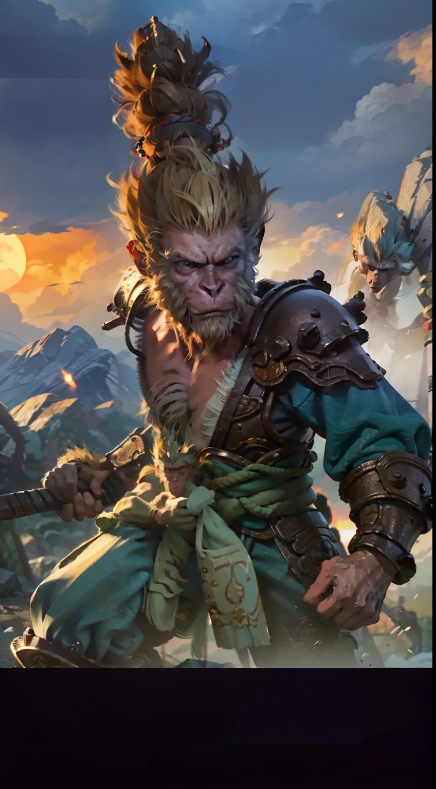 Anthropomorphic monkey warrior，He is the God of War，He is the Battle Saint Buddha Goku，Soar through the clouds，（The face looks like the Monkey King），（The face resembles a delicate monkey king），Fight youkai with a long and thick gold rod in your hand，(The setting sun shines obliquely:1.2)，(Sunlight shines through), Blue and pure sky，Very thick white clouds， （Very detailed and perfect facial depiction），From the bottom point of view（light and shadow effect），（Depth of field effect），（Tyndall），（Light particle tracing），（OilPaintStyle），（CG），（Cinematic lighting visuals），（Volumetriclighting），（Unreal 5），（cinema4d），（vivd colour）,（Obvious layers）,（Photography Award）,（8k wallpaper）,（Masterpiece）,（best qualtiy）, One picture，photorealestic，realisticlying