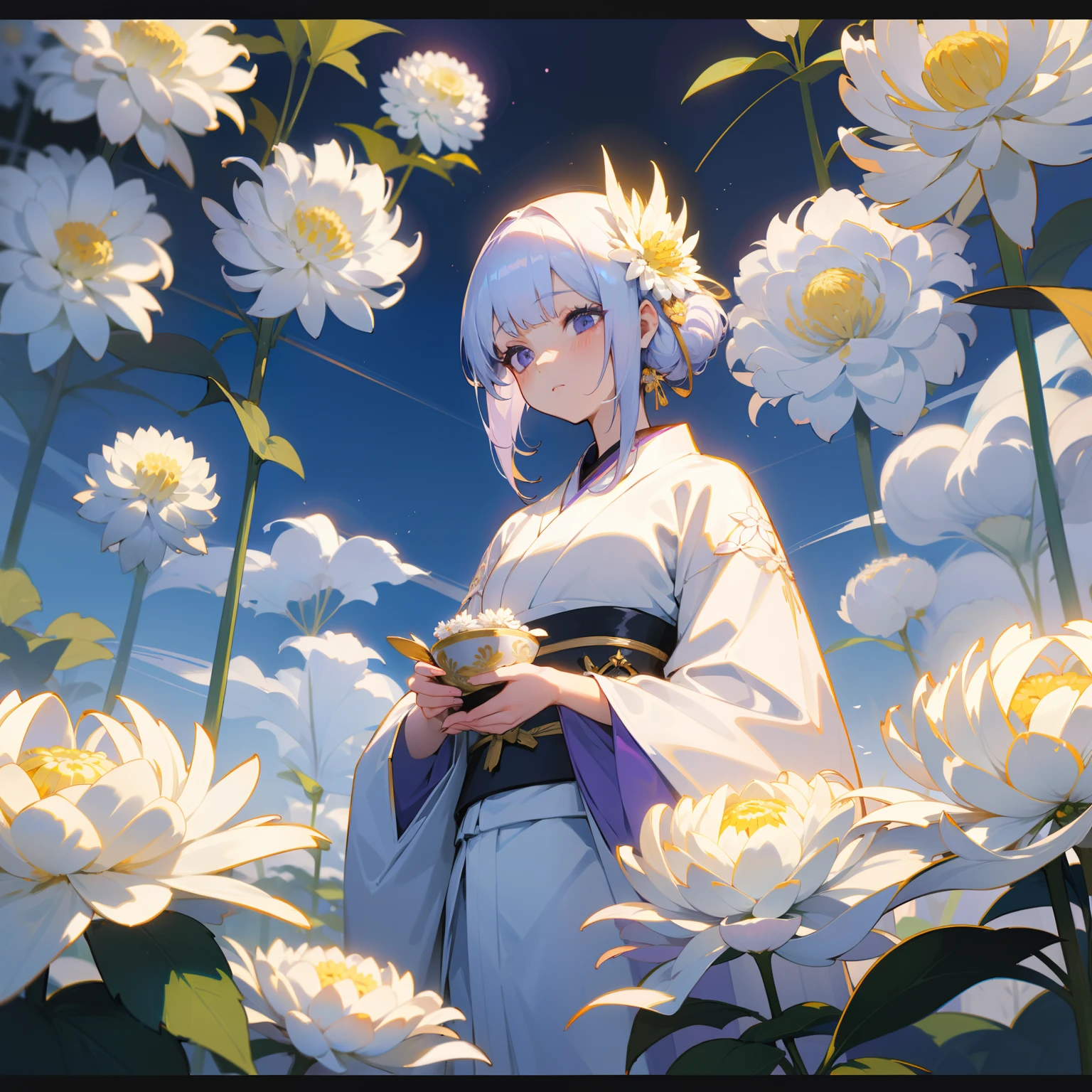 Anime girl in kimono outfit standing in a field of flowers SeaArt AI