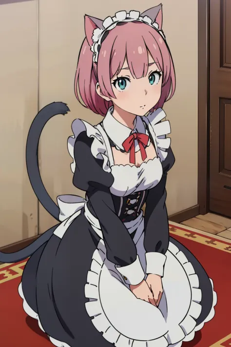 Close-up of an anime character with a cat costume, Reem Rizero in cat costume, seductive anime girl, anime cat girl in a maid costume, Very beautiful anime cat girl, Cute cat girl, Gentle optical bias, Beautiful anime cat girl, Cute anime cat girl, Anime C...
