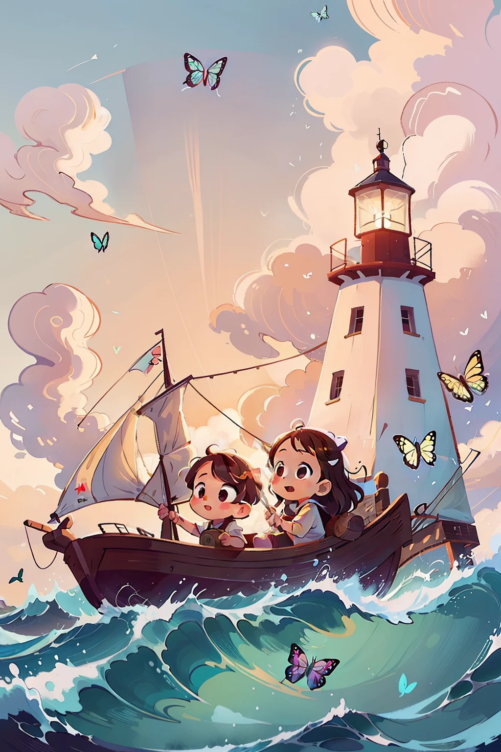 Genera una imagen de dos niñas muy jóvenes navegando en un barco, ondas, Mar, cielo con nubes blancas. mariposas coloridas, Faro al fondo,