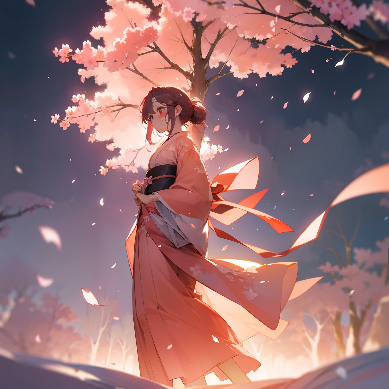 Anime girl in kimono outfit standing under a tree with pink flowers -  SeaArt AI