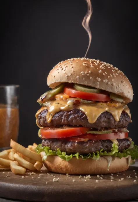 A burger falling in pieces juicy, tasty, hot, promotional photo, intricate details, hdr, cinematic, adobe lightroom, highly deta...