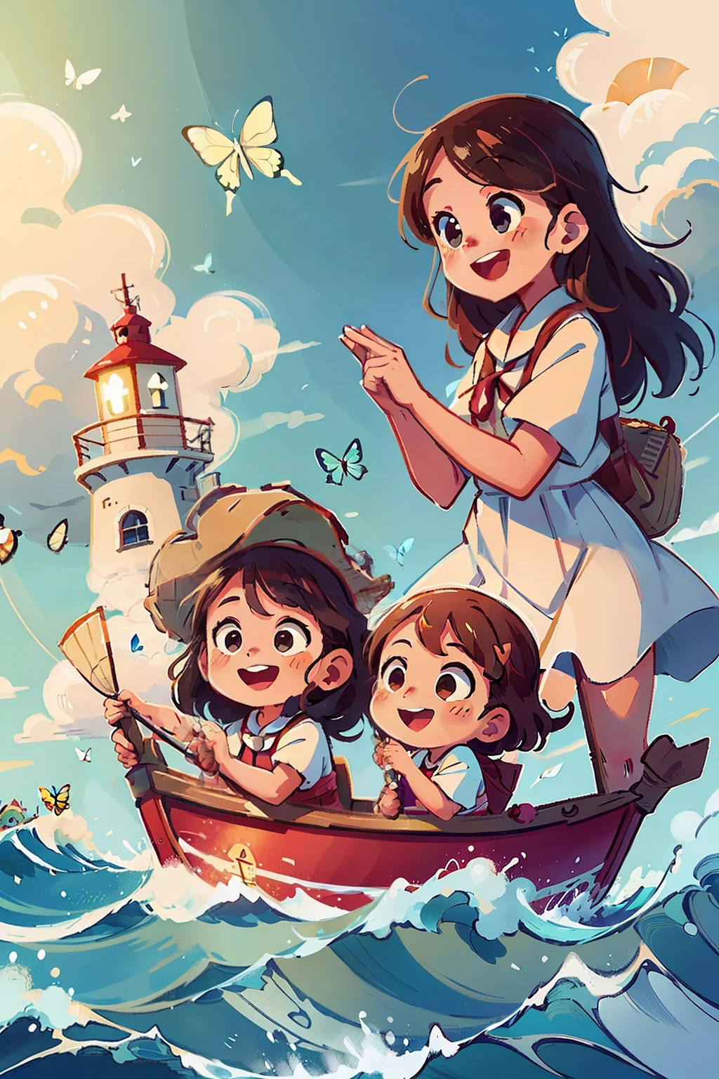 Generates an image of two happy  very young girls sailing on a boat, waves, sea, sky with white clouds. colorful butterflies, lighthouse in the background,