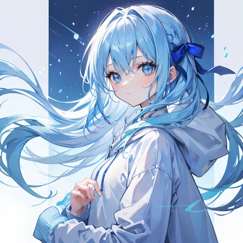 1girl,light blue hair,blue eyes,hair ribbon,blue hoodie,winter,looking at viewer,zoom into face