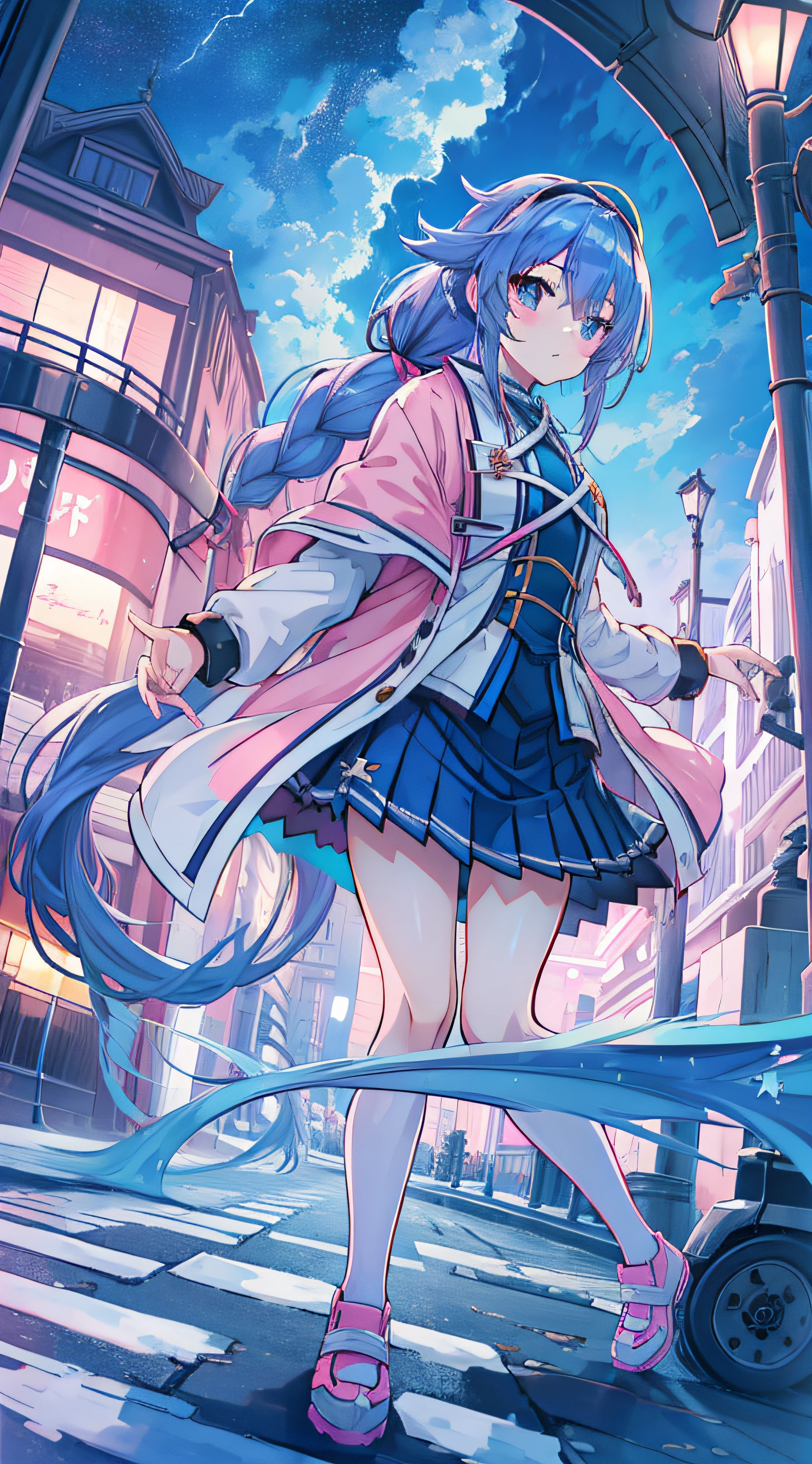 anime girl, alone, blue hair, ponytail, headband, pink pleated skirt, park, winter, night, streetlight, lightning, cloudy sky, thunderstor