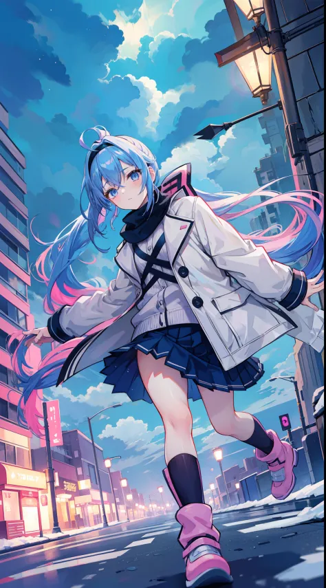 anime girl, alone, blue hair, ponytail, headband, pink pleated skirt, park, winter, night, streetlight, lightning, cloudy sky, thunderstor