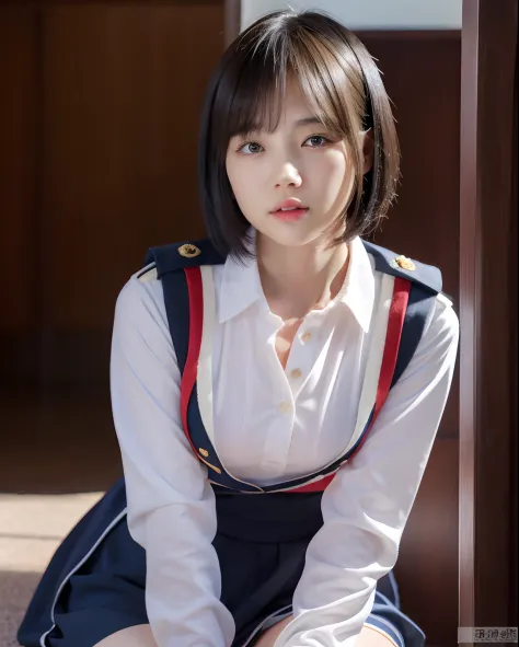Beautiful photorealistic military officer schoolgirl, Super thick and curvaceous plump girl, Bangs Bob Hairstyle Short Black Hai...