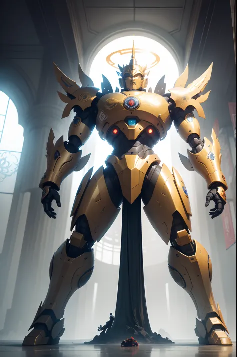（Mecha-style Buddha statue，There is a halo behind it，gold body，Red oriental dragon pattern，mechs，Male humanoid robot in a cyberpunk temple），((Epic picture quality))，8K分辨率，The fuselage is decorated with motifs representing Buddhism，White body line decoratio...