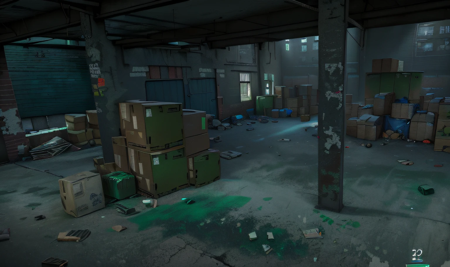 In the box room, Empty warehouse background with green light in the middle and background, B - game, In the game, Location ( slum _ wallside ), In the game, background is a slum, boxes and trash in the background, Inside the gangster shelter, [[empty warehouse]] Background, Remastered chromatic aberration, ingame image, Screenshot of interior gameplay