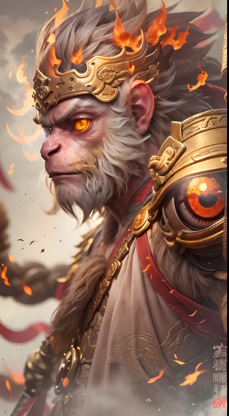 1个monkey king，monkey king holds golden cudgel，((fire-eyed golden eyes:1.5))，((complete golden cudgel)),put on the flame armor，fi...