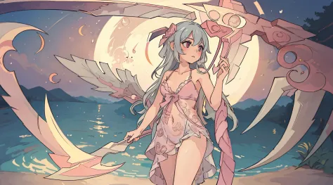 ((Best quality)), ((Masterpiece)), ((Ultra-detailed)), (illustration), (Detailed light), (An extremely delicate and beautiful), Dramatic perspective,A charming young girl,Pink swimsuit,(((Holding a large half-moon-shaped scythe)))
