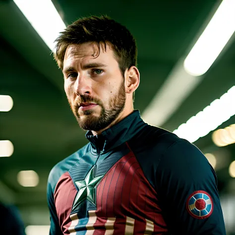 Portrait of Messi's person as Captain America, em Blade Runner, fotografia profissional, Cloudport, Huang-Guang-jian,