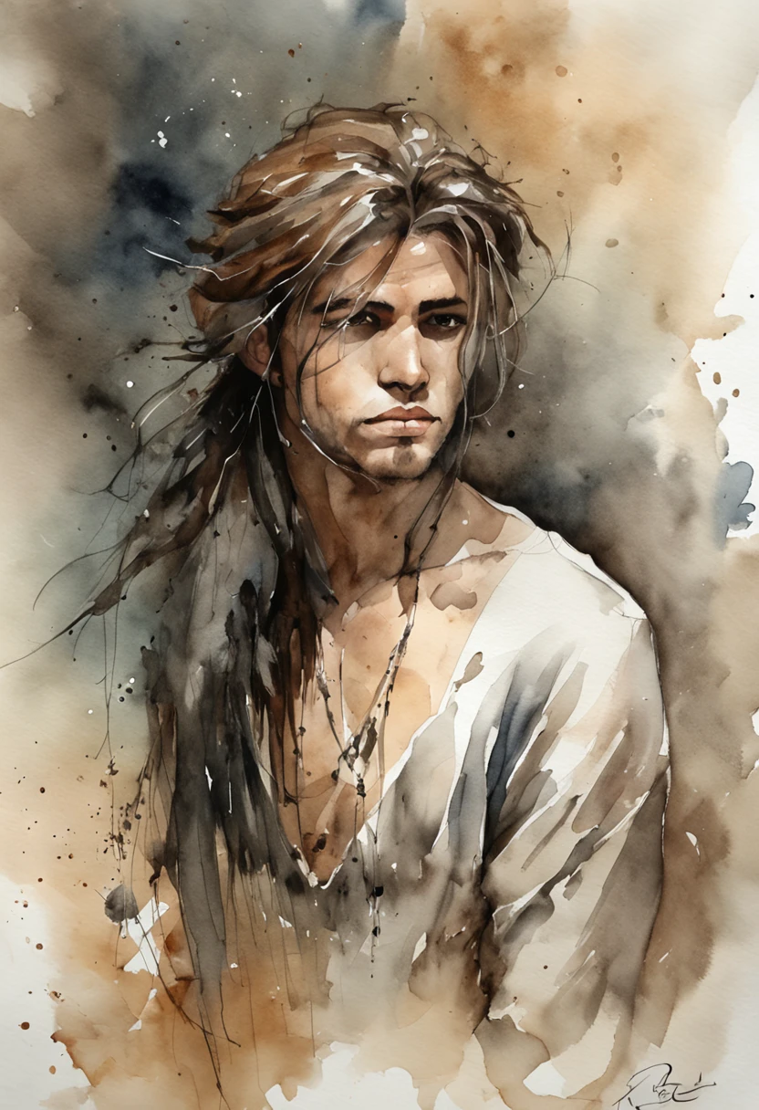 8k realistic image of handsome man, age 25, long brown hair, eyes browns, Expression of hatred, simple black casual shirt dress, black bandages wrapped around his arms, Standing in a large rustic underground dungeon