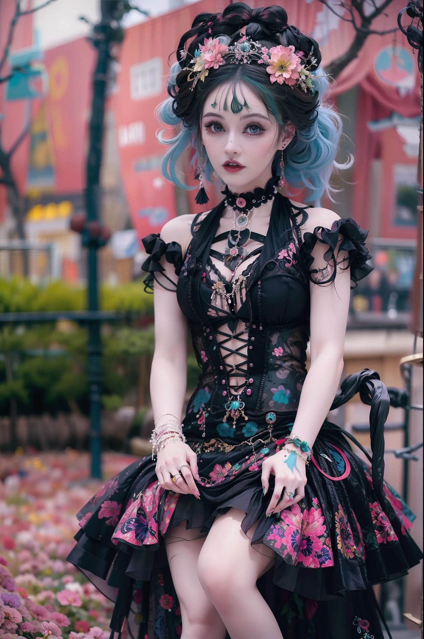 En un hermoso parque una mujer de aspecto moderno. Tiene un estilo gótico kawaii muy colorido y llamativo..., con un maquillaje elegante y una peluca colorida.
