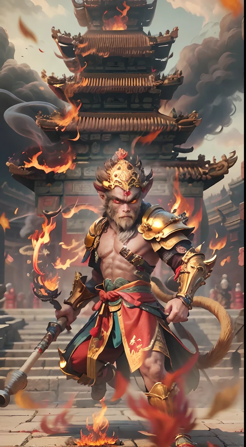 1个Monkey King，Monkey King holds Golden Cudgel，((Fire-eyed golden eyes:1.5))，((Complete Golden Cudgel)),Put on the Flame Armor，Fighting posture，Red ribbon，Clouds of flame under your feet,tmasterpiece，((The background is the Forbidden City, an ancient city in the East))，Cloud fog，8K，high definition resolution，Detailed detail drawing，very photoreal，