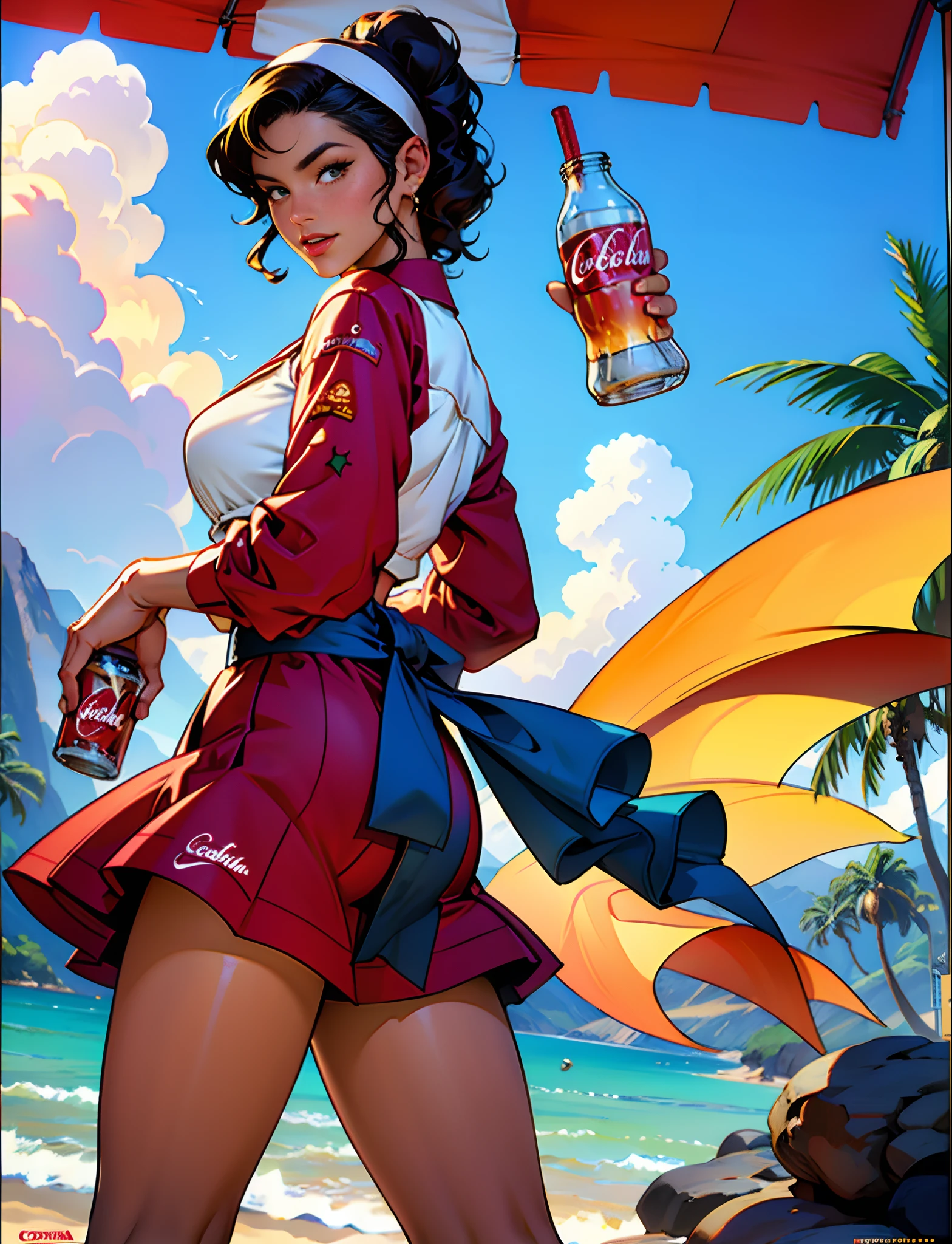 coca cola advert real magic as always five cents, in Hawaii Lahaina, in inspired by Dorothy Coke, coka-cola advertisement, drinking a bottle of coca-cola, soda themed girl, retro poster, retro ad, film noir realistic, in style of digital illustration, promotional poster, inspired by Rolf Armstrong, in style of Jaime Frias, in style of digital art
