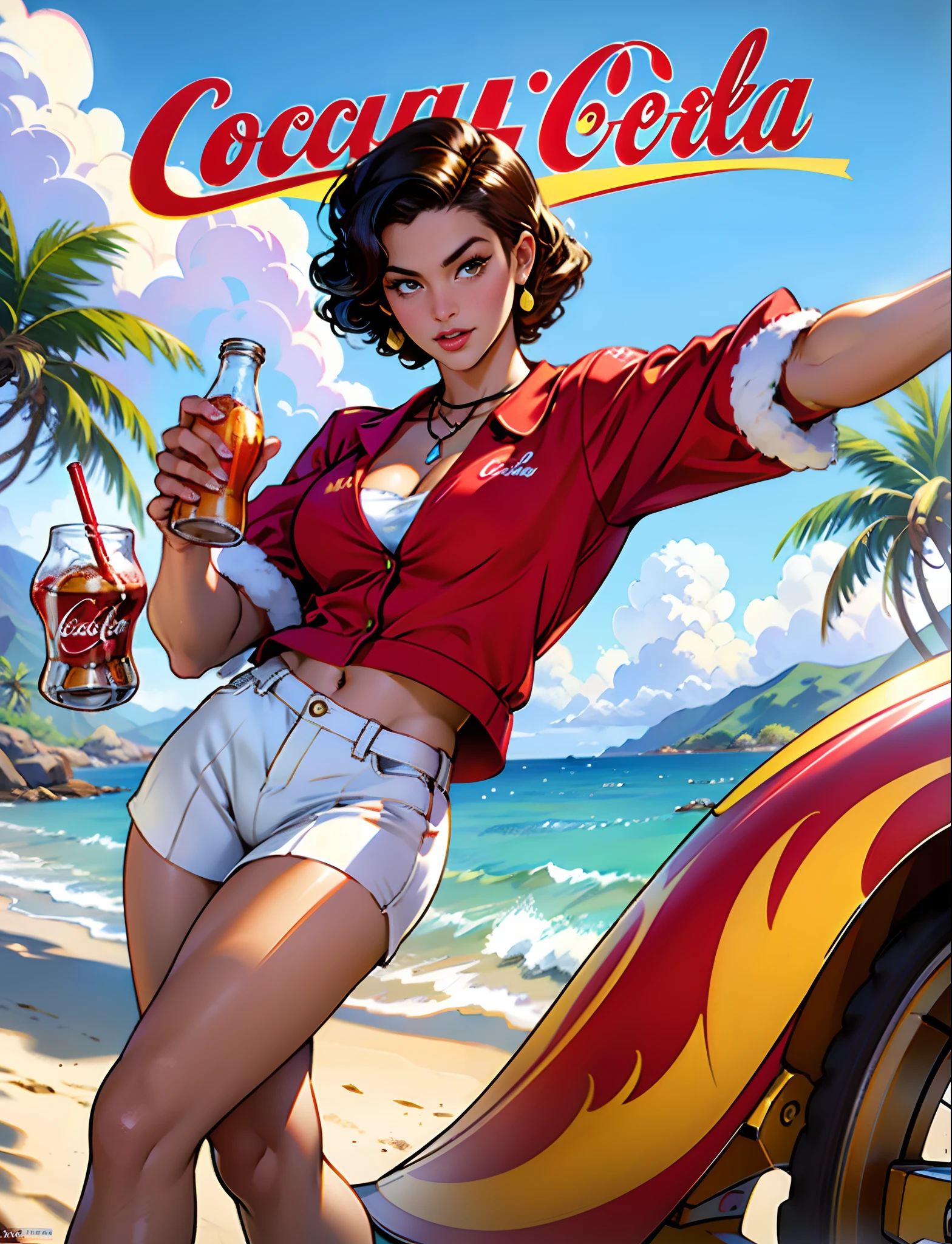 coca cola advert real magic as always five cents, in Hawaii Lahaina, in inspired by Dorothy Coke, coka-cola advertisement, drinking a bottle of coca-cola, soda themed girl, retro poster, retro ad, film noir realistic, in style of digital illustration, promotional poster, inspired by Rolf Armstrong, in style of Jaime Frias, in style of digital art