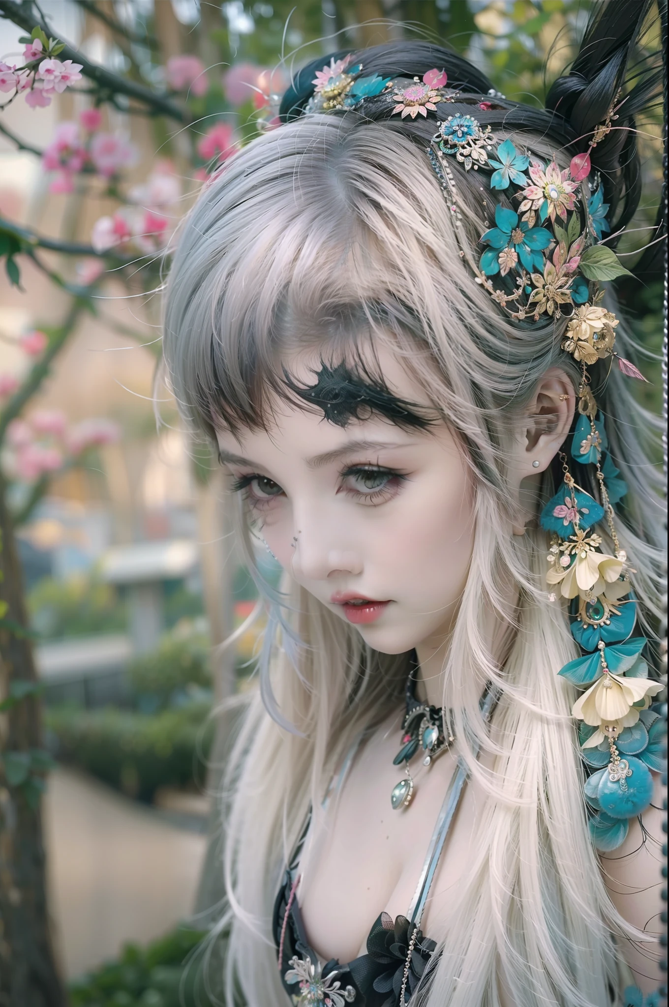 In einem wunderschönen Park eine modern aussehende Frau. Es hat einen sehr farbenfrohen und auffälligen Kawaii-Gothic-Stil.., mit elegantem Make-up und einer bunten Perücke.