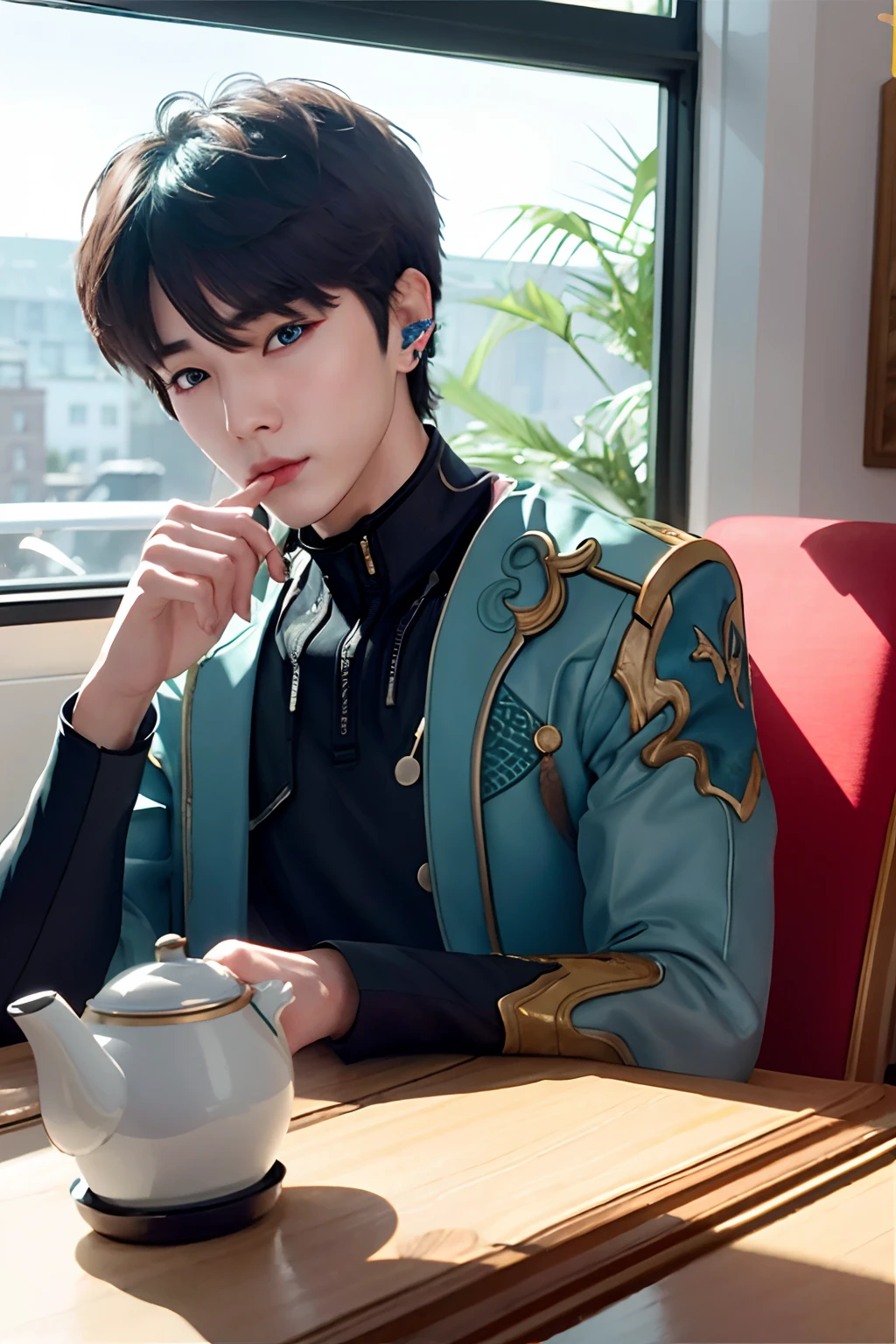 danheng\(character\),black tea cup,drink tea,window,side face,table,chair,(1boy:1.5),solo,upper body,park,best quality,masterpiece,illustration,extremely detailed,CG,unity,8k wallpaper,Amazing,finely detail,masterpiece,best quality,official art,extremely detailed CG unity 8k wallpaper,absurdres,incredibly absurdres,ultra-detailed,highres,(pureerosface_v1:0.5),(ulzzang-6500-v1.1:0.5),