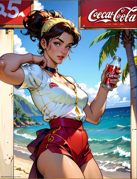 coca cola advert real magic as always five cents, in Hawaii Lahaina, in inspired by Dorothy Coke, coka-cola advertisement, drinking a bottle of coca-cola, soda themed girl, retro poster, retro ad, film noir realistic, in style of digital illustration, prom...