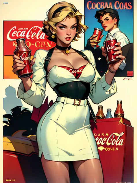 coca cola advert real magic as always five cents, inspired by Dorothy Coke, coka-cola advertisement, drinking a bottle of coca-cola, soda themed girl, inspired by Evaline Ness, retro poster, retro ad, film noir realistic, in style of digital illustration, ...