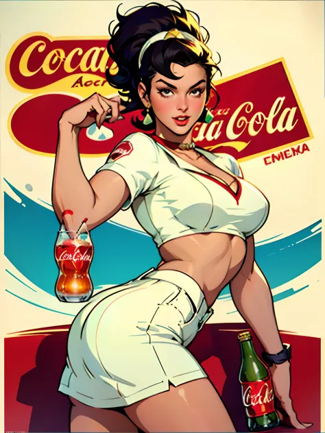 coca cola advert real magic as always five cents, inspired by Dorothy Coke, coka-cola advertisement, drinking a bottle of coca-cola, soda themed girl, inspired by Evaline Ness, retro poster, retro ad, film noir realistic, in style of digital illustration, ...