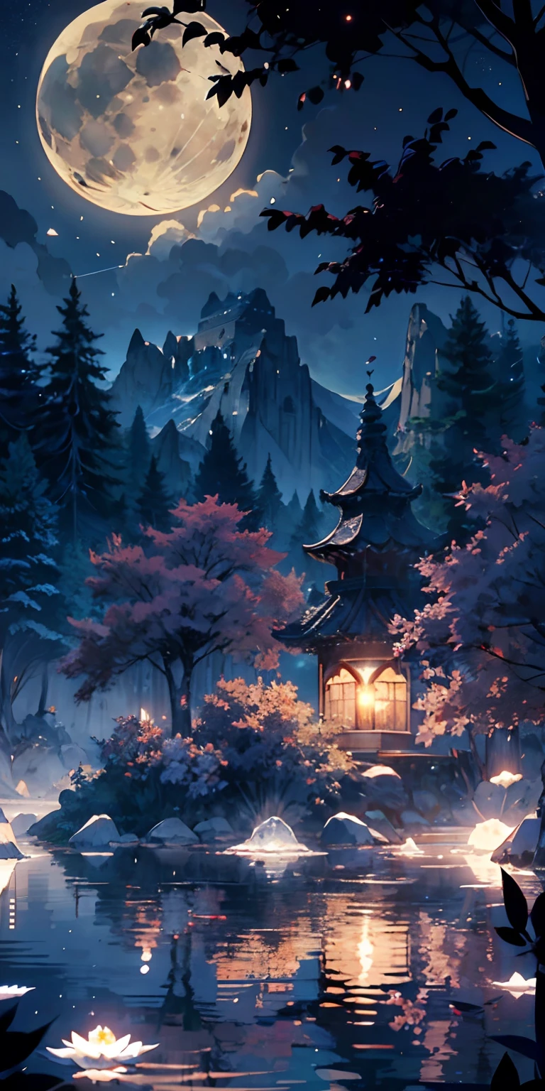 tmasterpiece, beste-Qualit, (Very detailed CG unity 8k wallpaper), (beste-Qualit), (the best illustration), (best shadows), glow sprite, (Without people:1.5), Lack of people,Night Landscape, Round Lake, It is surrounded by a forest wall of trees, (Lake, Shining with moonlight: 1.3), The sky, Full of stars, (The moon hovered over the lake:1.4), (Shining threads of moonlight descend into the lake: 1.5), (A beautiful flower rises from the center of the lake:1.4 ), (Crystal flower:1.5), (Crystal petals shimmer in the moonlight:1.5), Multi-colored sparks swirl around the flower, Fantasy, Intricate, elegant, Highly detailed, Digital Painting, Artstation, Concept art, Matte, Clear Focus, illustartion. Very High Definition, Masterpiece, Amazing, Trendy ArtStation, 8K, UHd, high detail, Very high detail, Masterpiece, (particle fx) etc. D...........3d , Octane ренDеринг, ray traced, superdetail