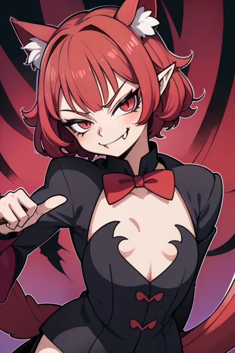 Anime character, high detail, Detailed art style, (smug smirk:1.4), vampire fangs, elf ears, short red curly hair, (flat chest:1.2), tailcoat, Short shorts, full length, the perfect body,