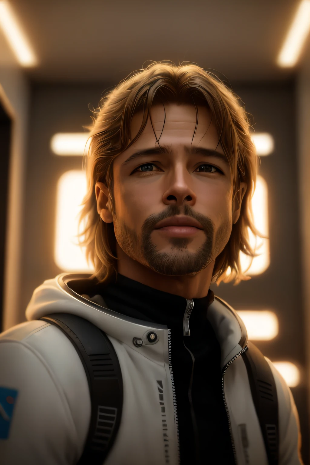 Man in spacesuit looking at camera, fundo mostrando um planeta deserto, Brad Pitt, Retrato de Brad Pitt, Retrato de Brad Pitt, retrato vfx altamente detalhado de, in a scifi movie, fan art, 4k ainda, brad pitt is leon s. Kennedy, sci-fi movie still, sci-fi movie, Sci - science fiction film, Filme 4K ainda