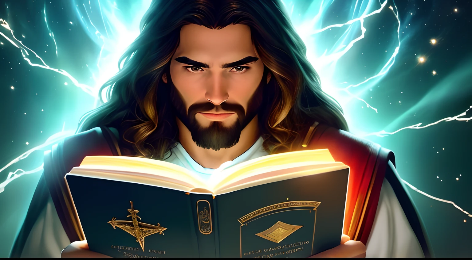 (high qualiy: 1.3), Cinematic Still Shot, Masterpiece artwork, (sharp focus: 1.5), (photorrealistic: 1.3), medium portrait of (Jesus holding a HOLY BIBLE IN A FLASHY SETTING), detailed back ground, clear lighting, twilight lighting, volumeric lighting, complexdetails, uhd,