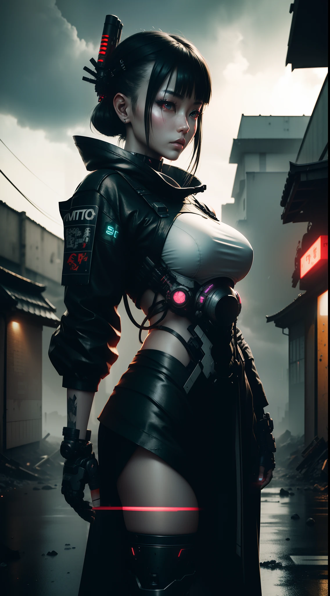 kybernetische japanische Samurai-Frau in einer zerstörten Stadt mit ihrem Mecha, Nacht, Neon, Regen, mechanische Teile, cyborg, grau, Metallteile, mechanischer Arm, Wahnsinnige Details, 3D, NVIDIA Raytracing, octane render, filmisches Licht, 8k