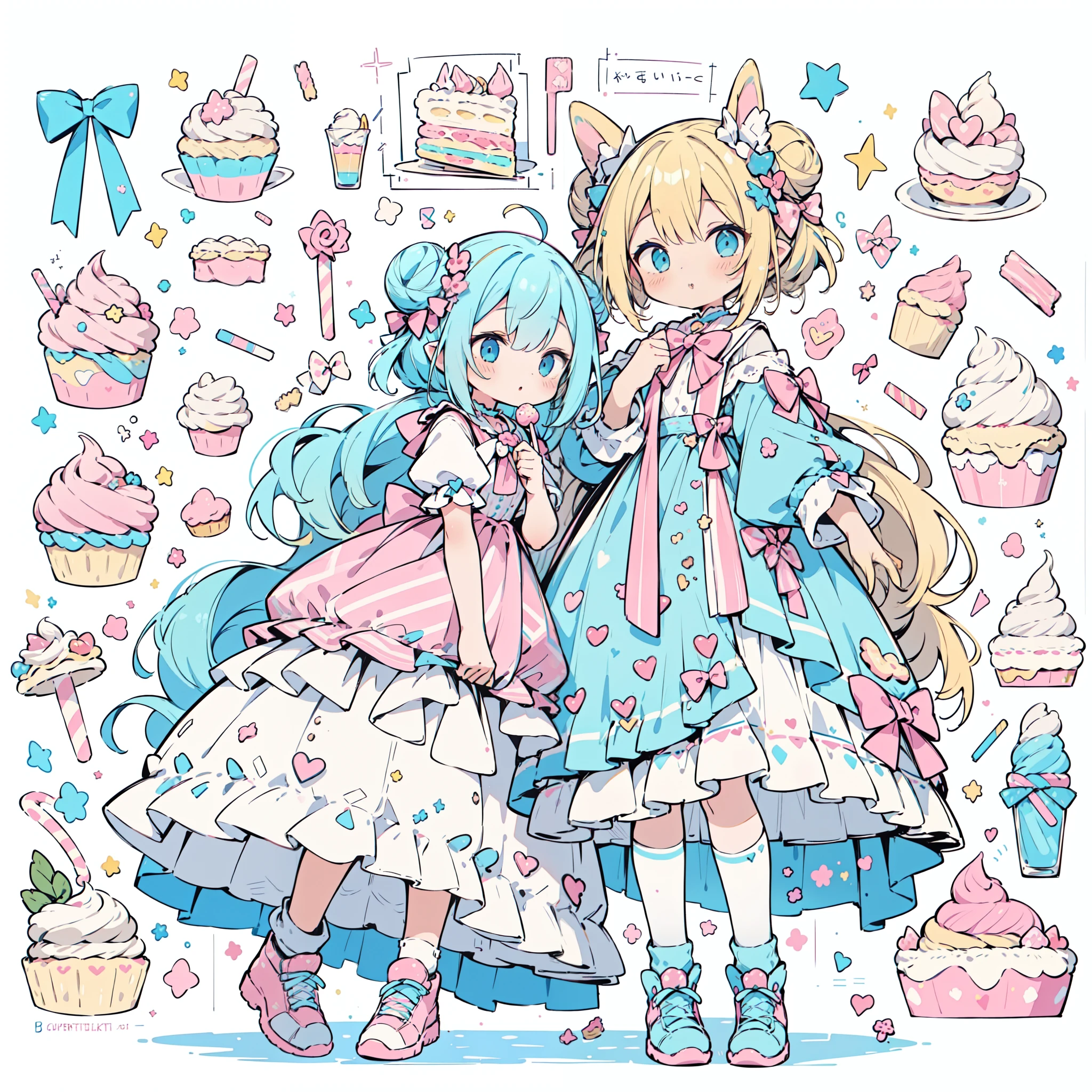 1girl, pastel muted colors, (color palette is yellow:1.2, blue:1.2, pink:1.2), (blonde with blue hair buns), sitted in a throne made out of sweets and pastries, for example donuts, sprinkles, candy, lollipops, candycane, cake, cupcakes, cakepops, frills and lace, polka dot patterns, long bat ears