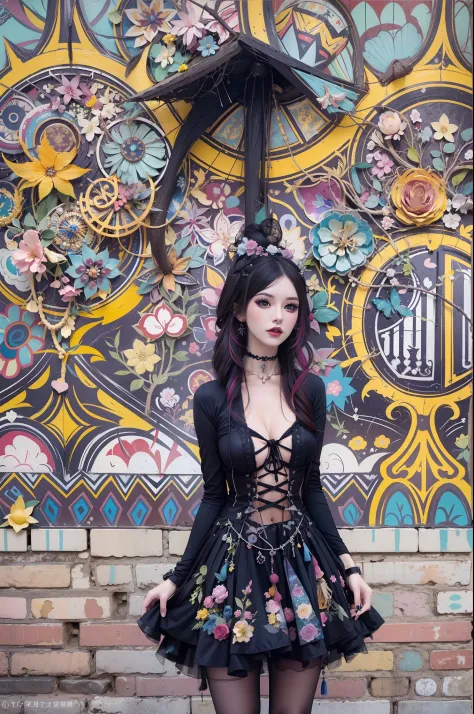 En un hermoso parque una mujer de aspecto moderno. It has a very colorful and striking kawaii gothic style.., con un maquillaje elegante y una peluca colorida.