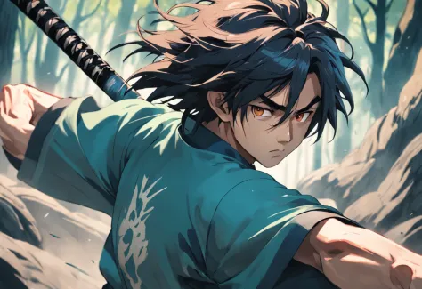 an extreme closeup shot：Young male swordsman of the Song Dynasty，Hair soars，Wielding a long baseball bat，The eyes are cold。Fighting posture，Motion blur，perfect hand，Alien forest in the wind，lightand shade contrast，top views，Focus on people。Depth of field 1...