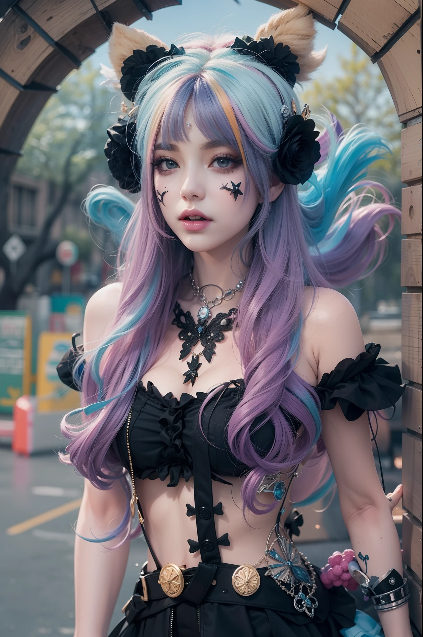 In a beautiful park a modern looking woman. It has a very colorful and striking kawaii gothic style.., with elegant makeup and a colorful wig.