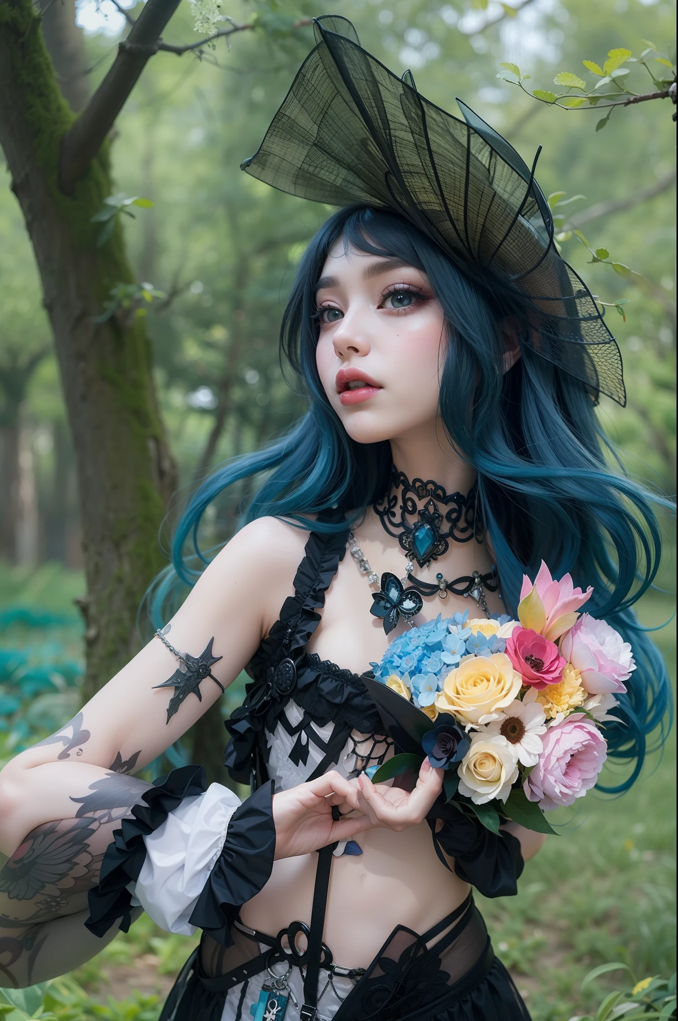 In a beautiful park a modern looking woman. It has a very colorful and striking kawaii gothic style.., with elegant makeup and a colorful wig.