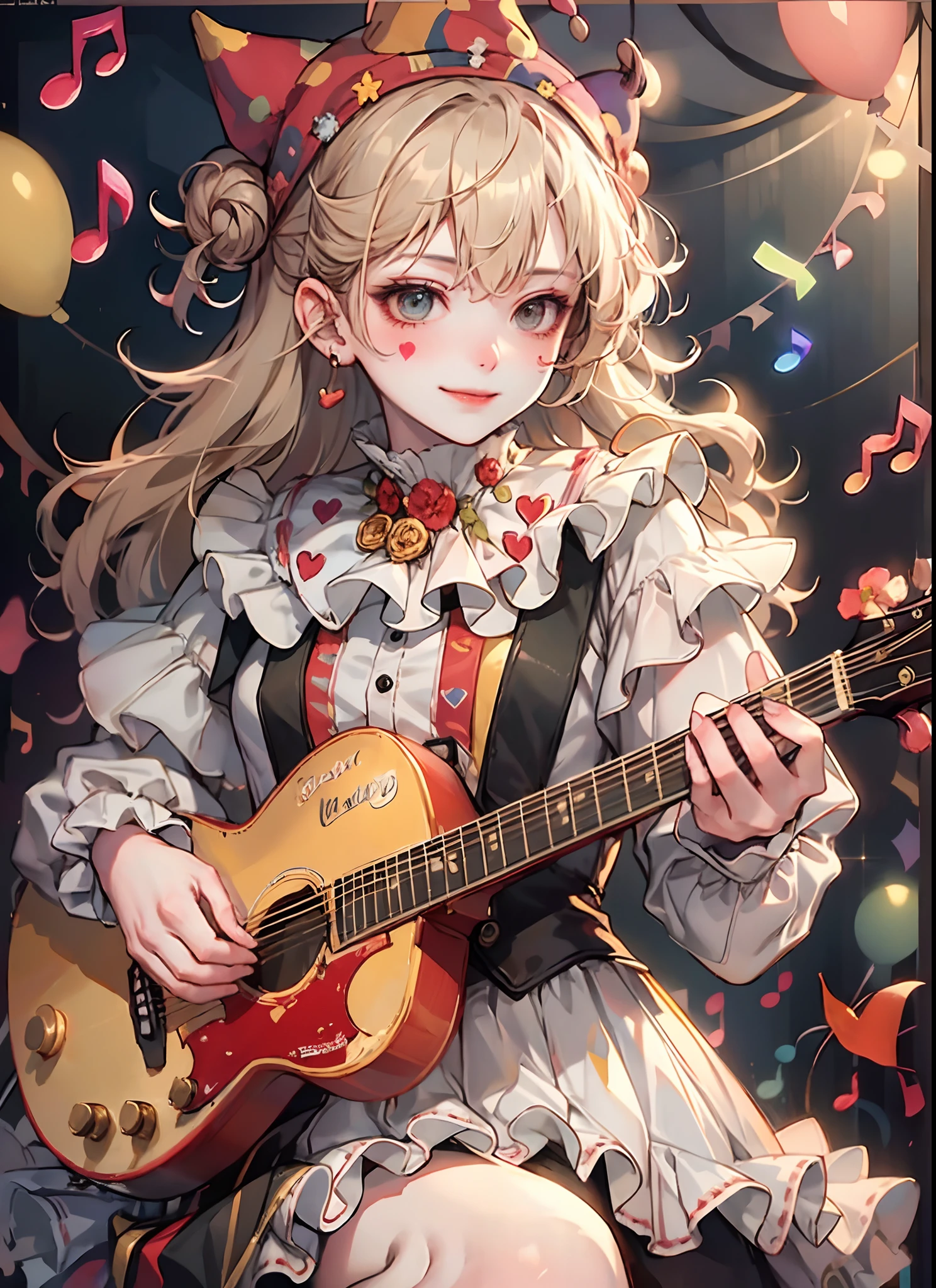 HDR,UHD,8K, best quality, masterpiece, Highly detailed, golden hour lighting, physically-based rendering, 1girl, solo,
a clown. colorful, clown hat and flowers, clown costume, gloves, heart drawing on face, dark blonde hair,(happy), smile,cute,music, ((musical notes floating around her🎶:1.2)) , playing guitar 🎸,white face, wavy hair, hair bun, 
(upper body) full body,