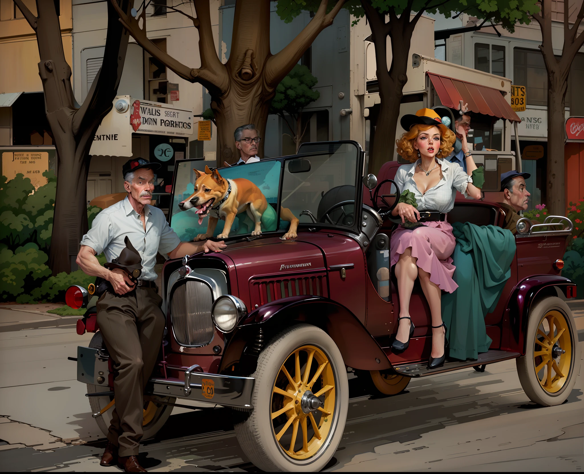 有一个男人和一个女人和一只狗坐在车里, 彩色的 background, 彩色的, 彩色的 photo, 作者：阿特·菲茨帕特里克, 彩色的, 灵感来自奥斯汀·布里格斯, ( 藝術菲茨帕特里克 ), 數位彩色, 諾曼洛克威爾風格, 灵感来自亨利·贾斯蒂斯·福特, 諾曼洛克威爾的風格, 受到约翰·弗伦奇·斯隆的启发, 全彩插圖, a 彩色的 photo