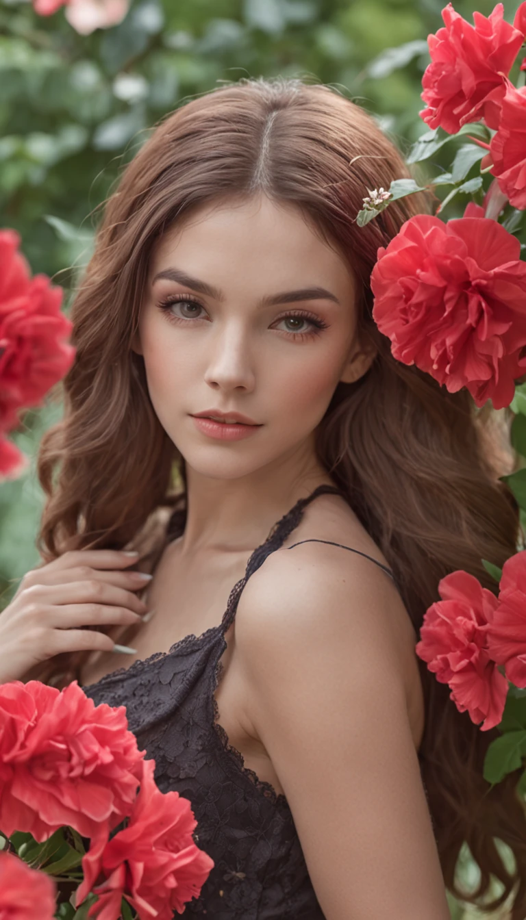 (驚くほど美しい女性, 静かな庭園で鮮やかな花々に囲まれて, 彼女の髪は淡い赤色に流れている, 細部まで捉えた絶妙な構成, 最高品質, 彼女の完璧な顔の息を呑むようなクローズアップ)