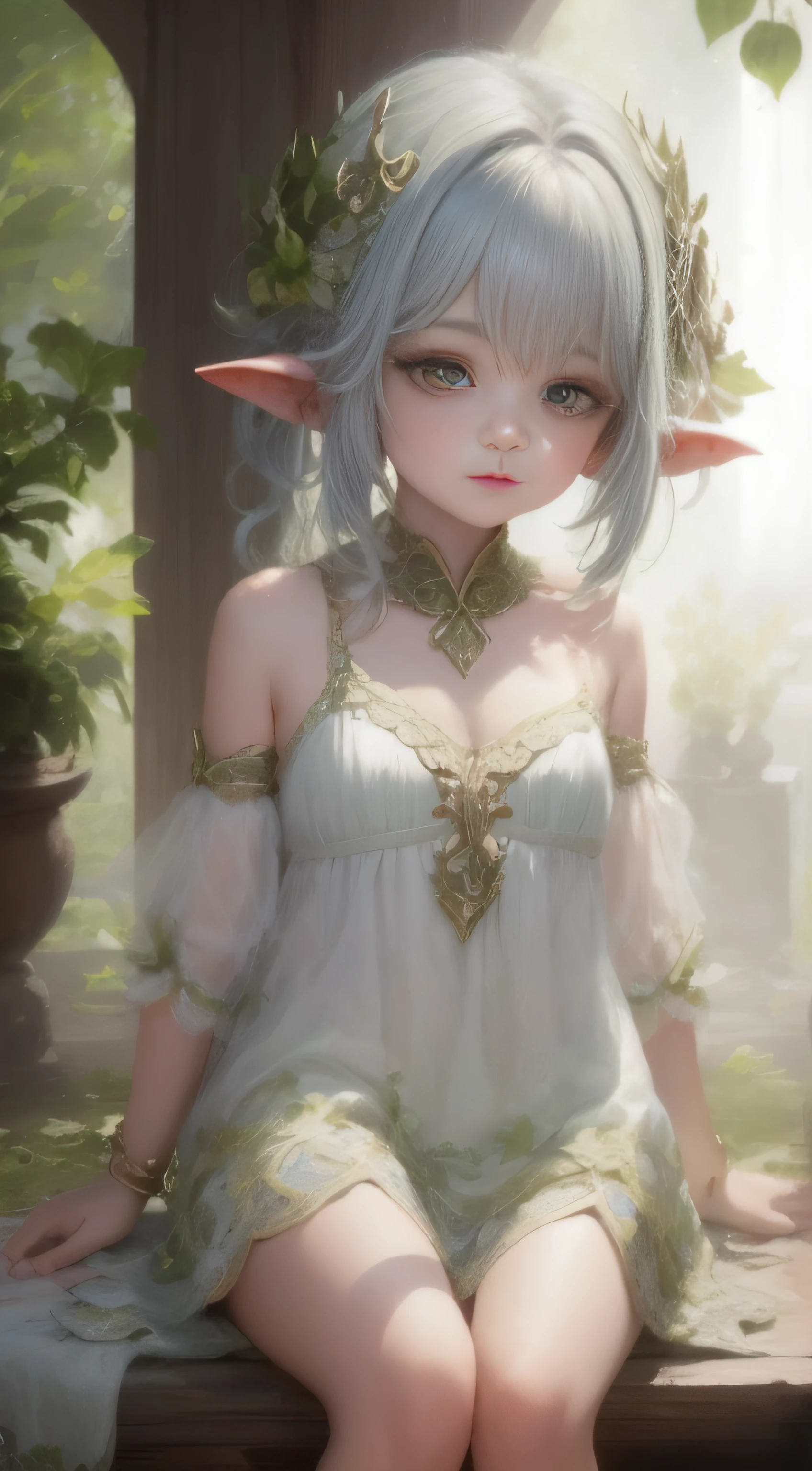 C&#39;est une peinture à couper le souffle présentée sous forme d&#39;art numérique. A pintura retrata uma belle et élégante elfe com cabelos brancos, anime girl aux cheveux blancs et aux yeux verts portant une robe blanche, personnage elfe avec un rire, belle et élégante elfe, très beau portrait de fée, elle est pleine de fées. Avec de longues oreilles et une apparence mignonne et charmante, l&#39;elfe a la peau blanche, dégageant un tempérament extraordinaire qui donne aux gens un sentiment surréaliste. L&#39;œuvre présente un réalisme extrême et est aussi captivante qu&#39;une poupée de porcelaine moelleuse..