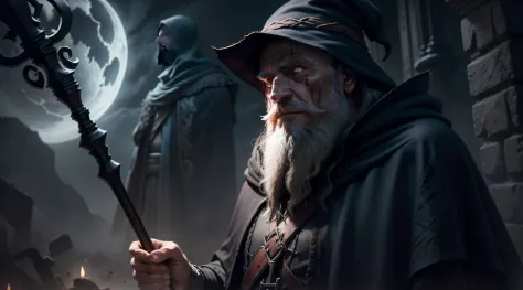 an old man with a dark cloak and long beard, scars on his face, staff, dark sorcerer, night, dark environment, darkness, fog, blood