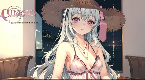 ((Best quality)), ((Masterpiece)), ((Ultra-detailed)), (illustration), (Detailed light), (An extremely delicate and beautiful),((Magazine Covers)),A charming young girl,Pink swimsuit,Straw Hat Cap Topee.