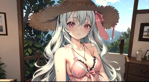((Best quality)), ((Masterpiece)), ((Ultra-detailed)), (illustration), (Detailed light), (An extremely delicate and beautiful), Dramatic perspective,A charming young girl,Pink swimsuit,Straw Hat Cap Topee