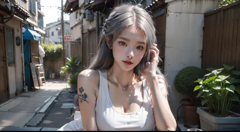 mullet hairstyle, silver hair, 1 girl, gray tank top, dark taste, smoking, holding a cigarette in right hand, 23 years old, ligh...