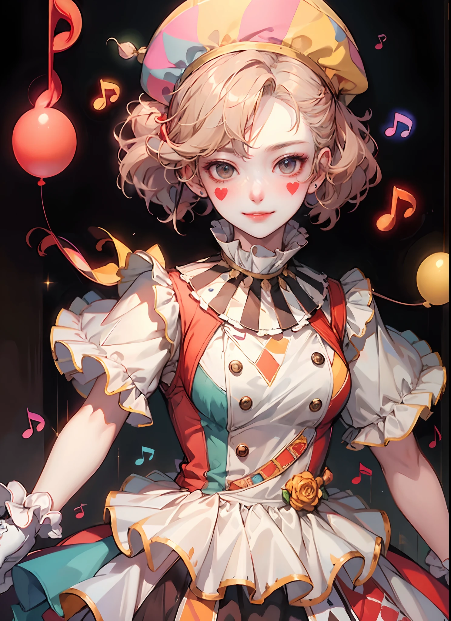 HDR,UHD,8K, best quality, masterpiece, Highly detailed, golden hour lighting, physically-based rendering, 1girl, solo,
a clown. colorful, clown hat and flowers, clown costume, gloves, heart drawing on face, dark blonde hair,(happy), smile,cute,music, ((musical notes floating around her🎶:1.2)) singing,white face, wavy hair, hair bun, 
(upper body) full body,