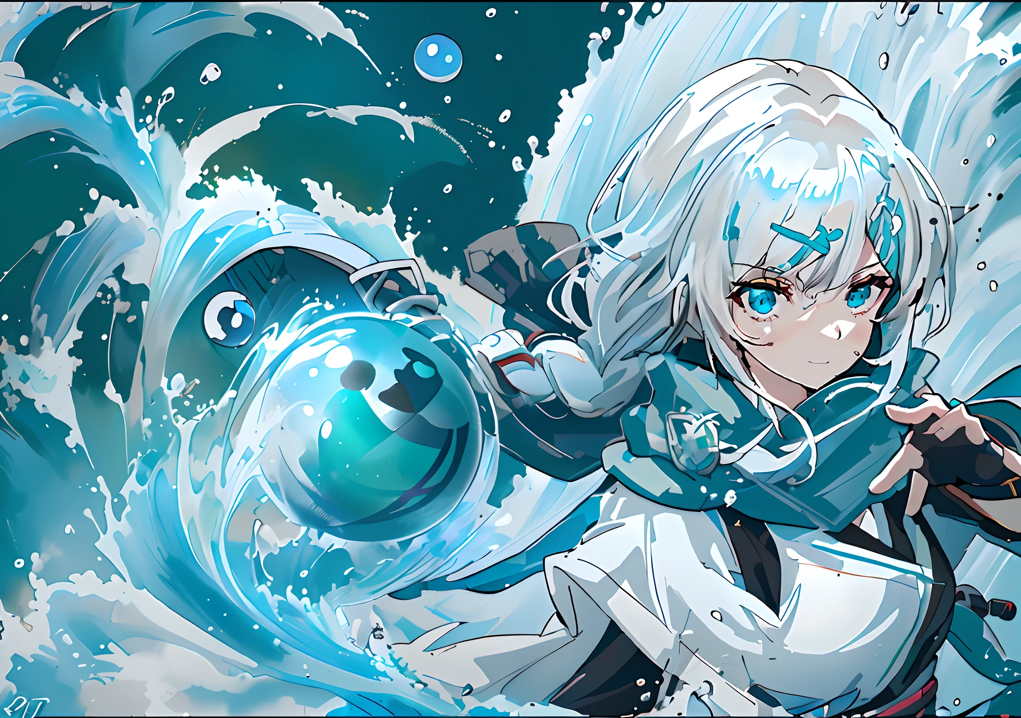 Chica anime de pelo blanco,(((Globo de agua en una mano.))) , una hechicera lanzando una bola de hielo, salpicadura de anime , Anime girl walking on agua, con poderes de hielo, estilo anime épico, Estilo de arte anime de alta calidad., hechizo de hielo, personaje de estilo anime, hecho con estudio de pintor anime, Estilo de arte anime Moe, Estilo de la colección Kantai, de chicas de primera línea,(Yushui),(agua),((Cuerno marrón)),(((bufanda verde))),(((pelo blanco))),cabello corto,ahogo,((Trenza francesa)),((Horquillas verdes)),(((ojos dorados))),sonrisa,Girl avatar，k hd，4k，cara inexpresiva，estilo de anime，sideface