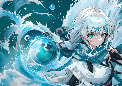 White-haired anime girl,(((Water balloon in one hand))) , a sorceress casting a ice ball, Splash art anime Loli, Anime girl walk...