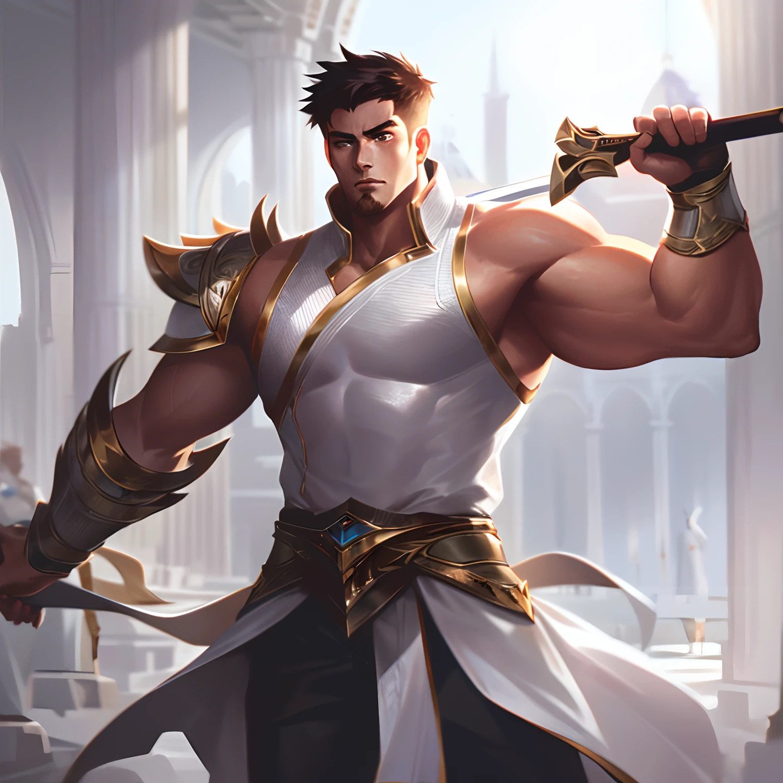 A 2 man, warrior, in silver armor, handsome, with short black hair, big and muscle, handsome face, he is holding sword with two hands. background of a white palace