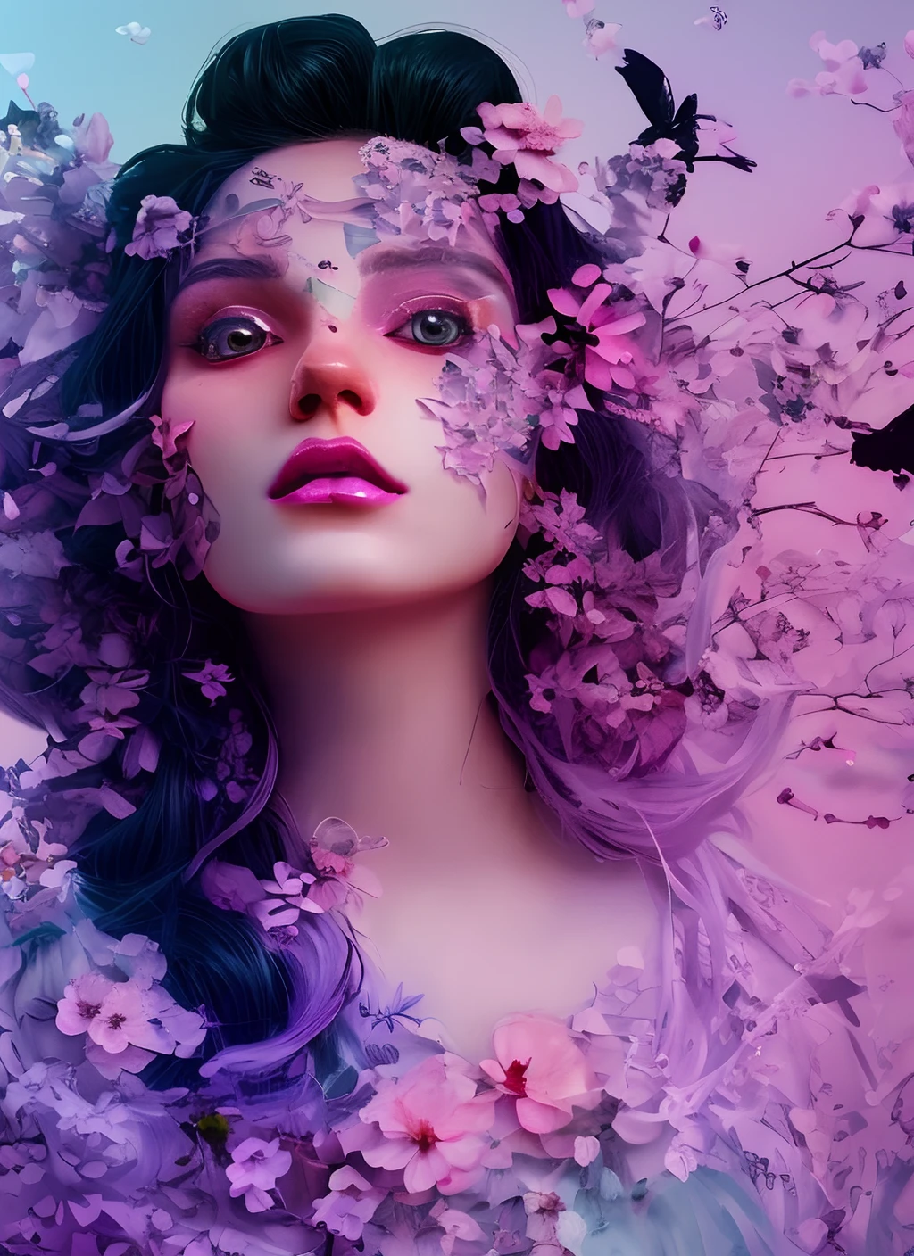 lr_rbn style, portrait of cute woman, wavy hair, pastel pink and purple hair, flowers, nature details, black background, purple and pink, ink, swirly lines, winning award masterpiece, fantastically gaudy, aesthetic octane render, 8 k hd resolution